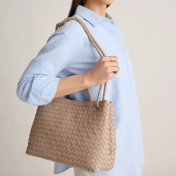 NWT QUINCE LARGE ITALIAN LEATHER HANDWOVEN SATCHEL TOTE BAG IN TAUPE - Picture 4 of 15